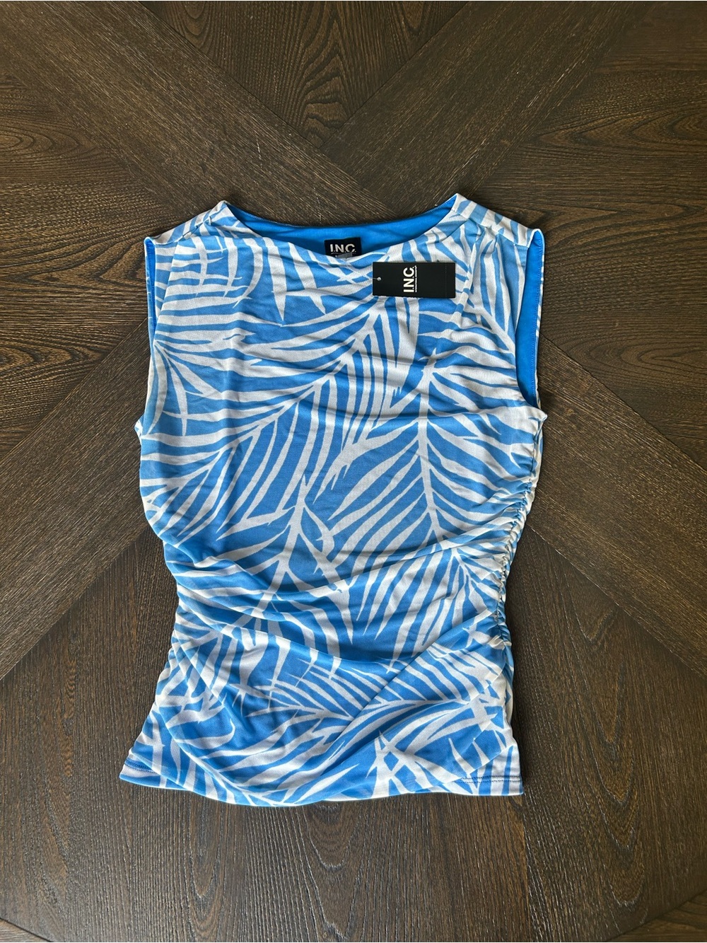 INC International Concepts Blue and White Palm-Print Mesh Sleeveless Tank NWT